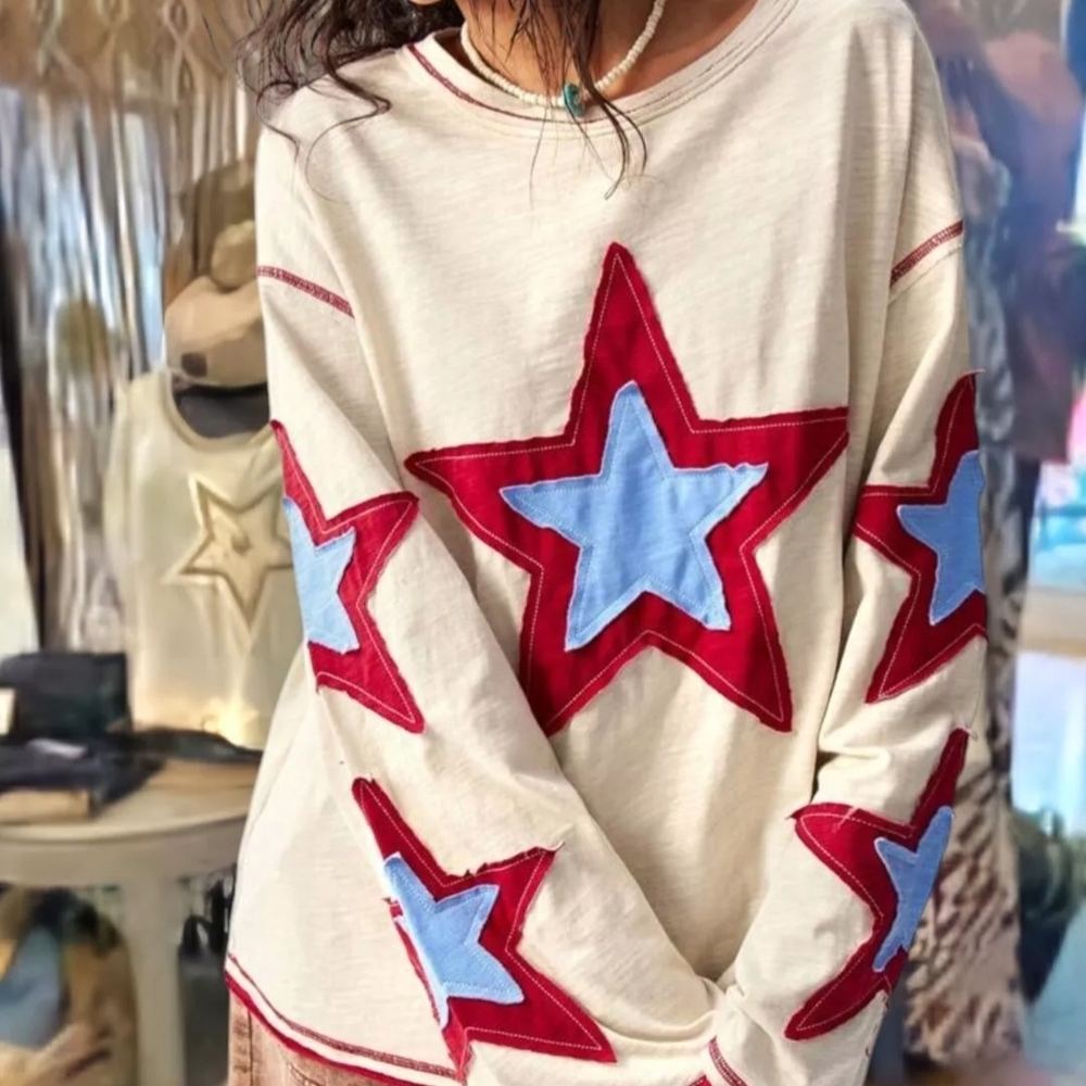 Pol boho Star Patterned patchwork Long Sleeve Top bouse t-shirt XL Read! New .